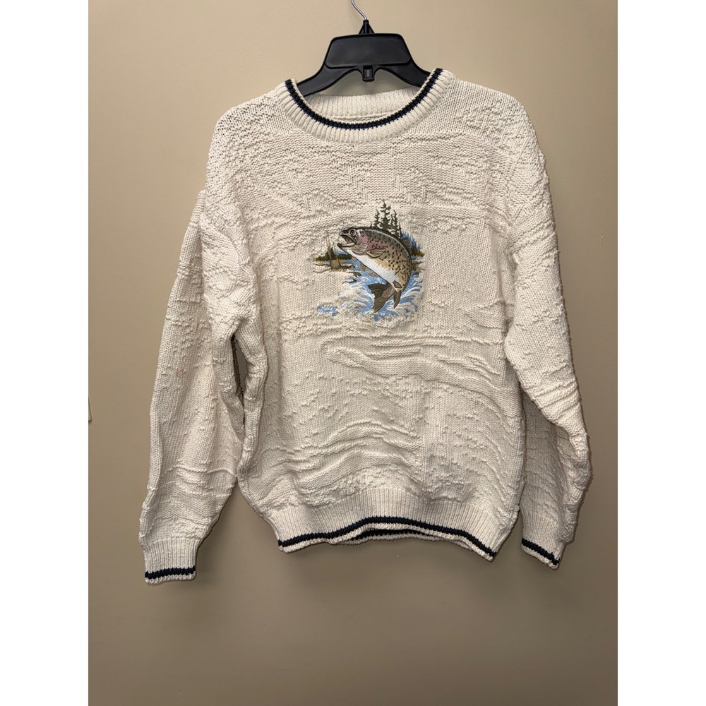 Vintage Textured 3D Knit Trout Fish Embroidered Sweater Mens LT Cream Navy USA